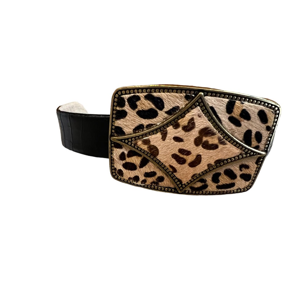 Oscar de la Renta Embossed Black Leather Statement Belt Calf Hair Buckle
